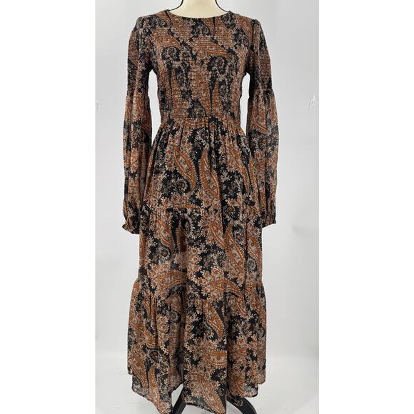 MinkPink Brown Black Parisian Paisley Dress Ruffle Dress Midi Maxi  M NWT - Picture 1 of 12